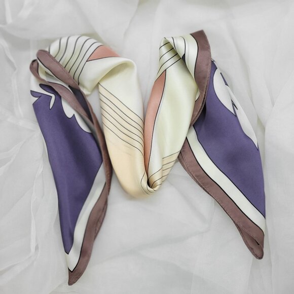 ✨Elegant Silky Square Scarf Floral Line Art White Purple Shawl Headband Bandana✨ - Picture 2 of 6